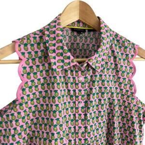 Talbots Non Iron Button Front Top Tank Sleeveless Pink Pineapple Women Size 10